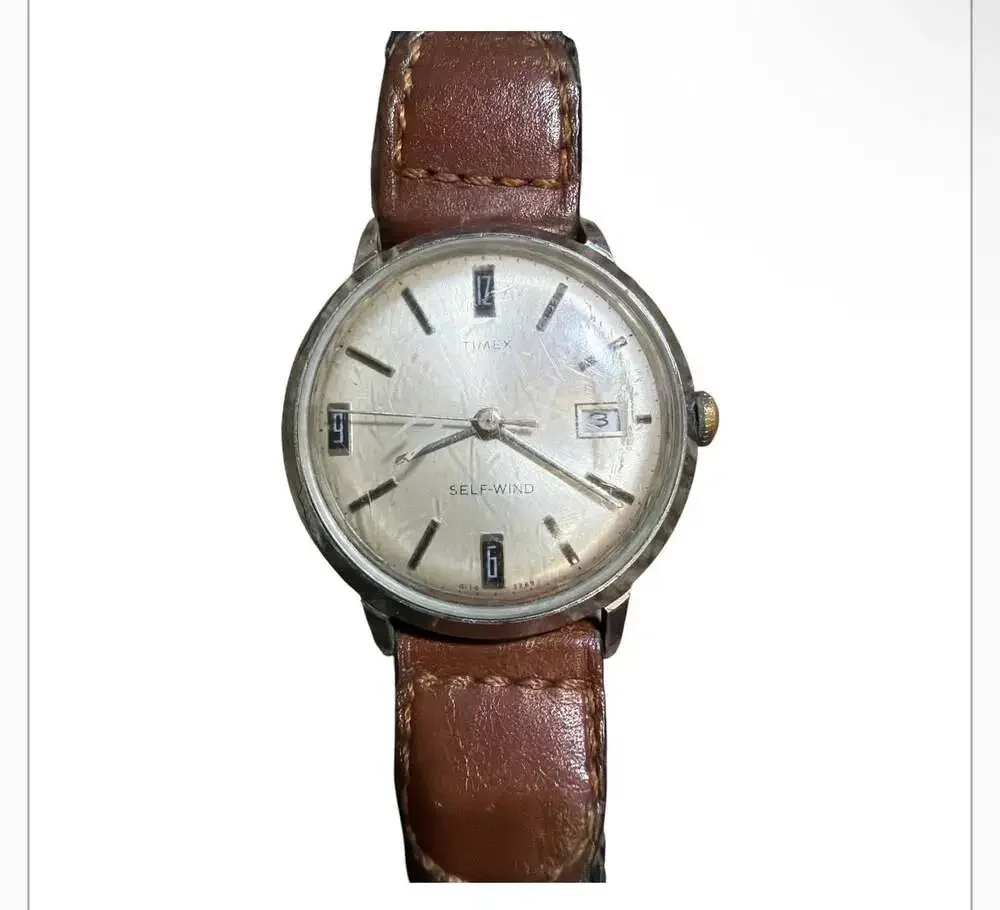 Vintage Timex Self-Wind Mechanical Date Watch with Brown Leather Strap